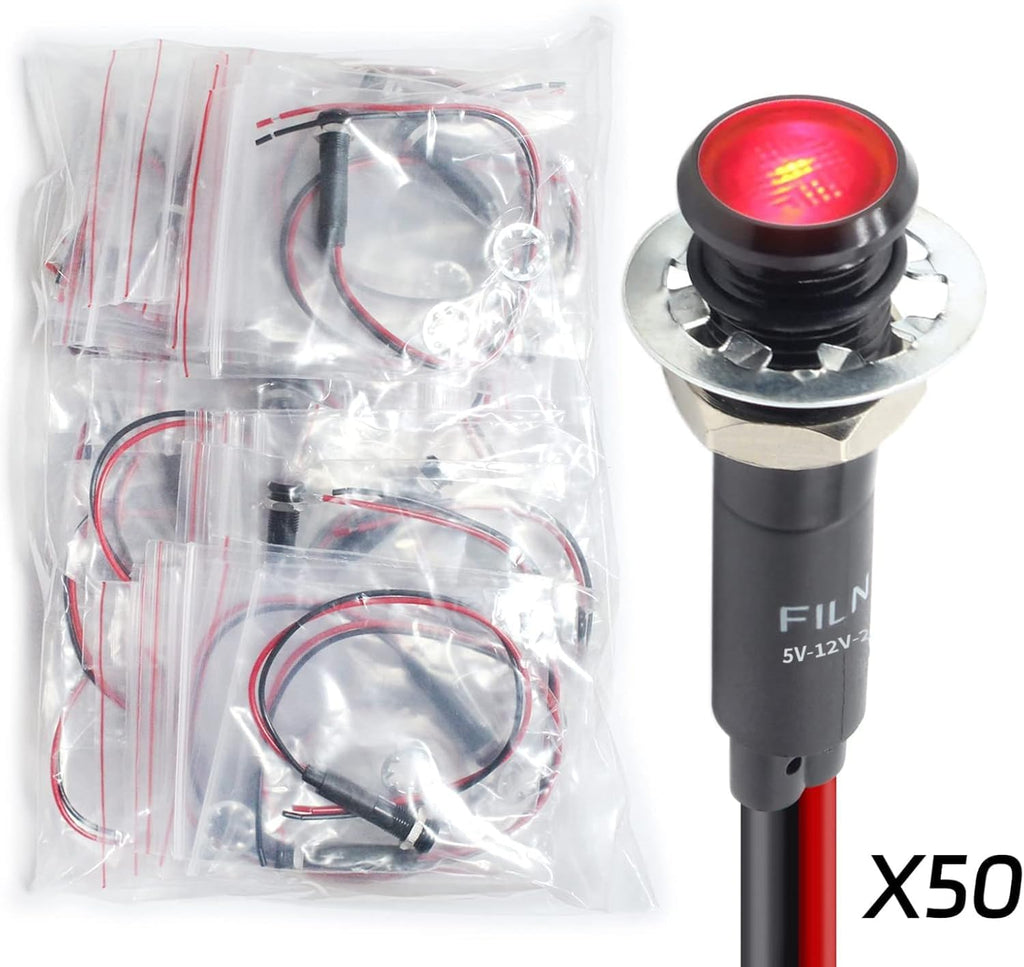 50Pcs 8MM (5/16") Indicator Light 12V 24V Metal Pilot Lamp Lights Aluminum Black Anodized Waterproof ip67 Red Signal Lamp Light(12V-24V Black Anodized-Red)
