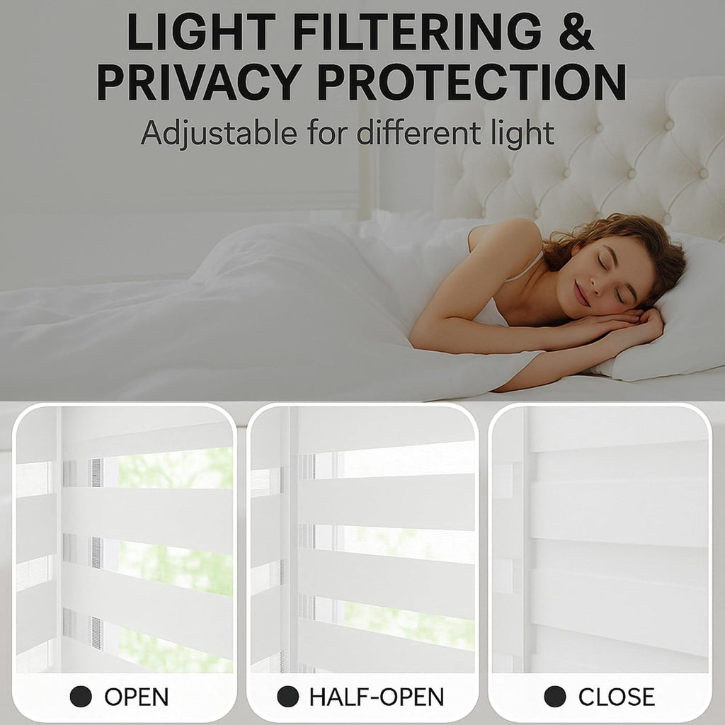 Shadesu Cordless Zebra Blinds for Windows, 25.5" W x 72" H, White, Dual Layer Free-Stop Zebra Shades, Light Control for Day and Night, Sheer Blinds for Indoor Windows, Bedroom, Kitchen