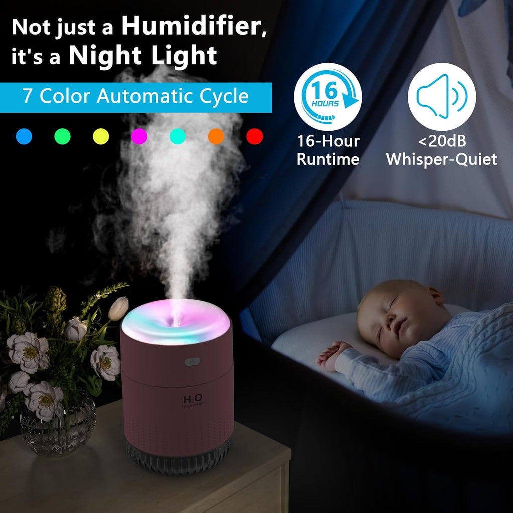 Colorful Mini Humidifier, USB Rechargeable Humidifier, 4 Modes Super Quiet, Humidifiers For Bedroom,Suitable For Travel Office Family-Rose Pink