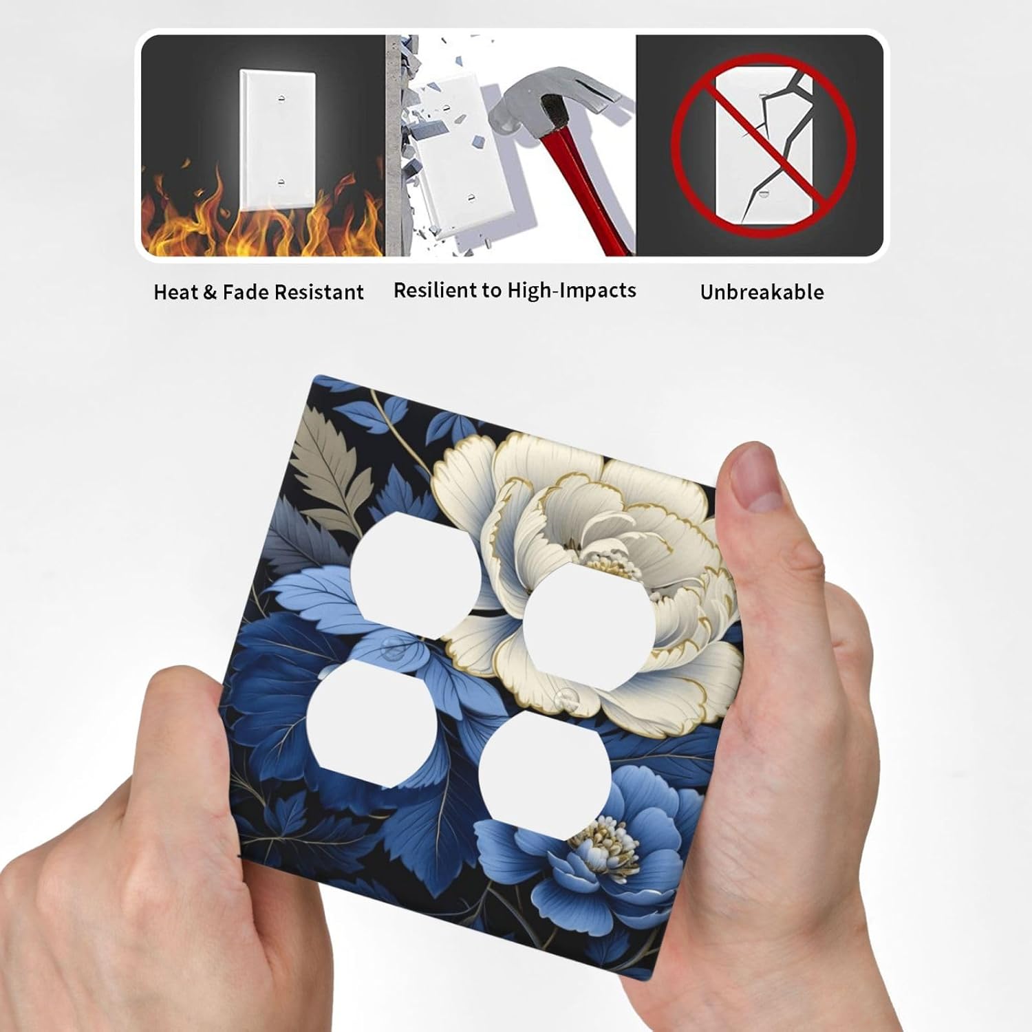 Decorative Outlet Covers Rustic Blue White Flowers Big Floral 2 Gang Wall Plate Double Duplex Light Switch Cover Switch Plate Covers Faceplate for Country Bedroom Home Decor