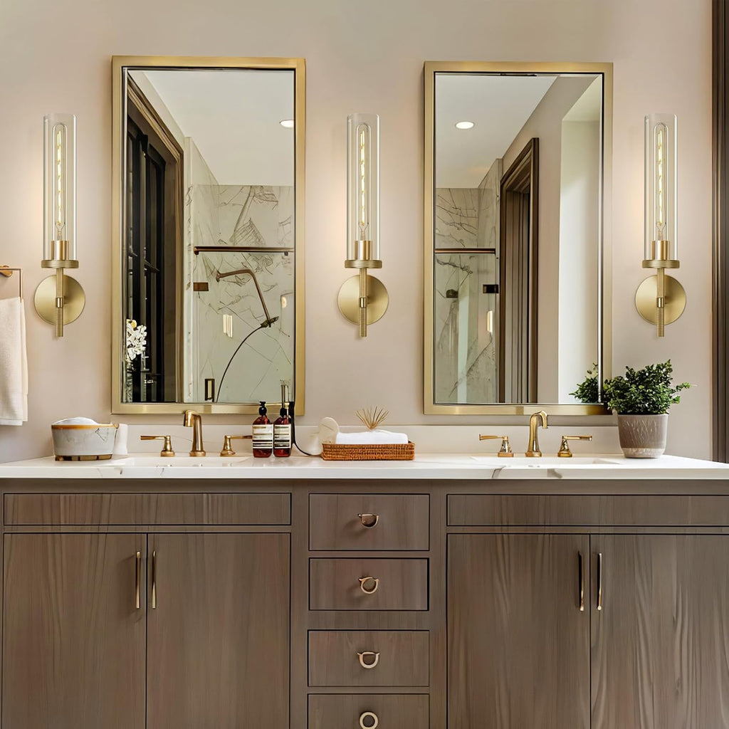 Gold Wall Sconces Set of Two, 19.48" Knurled Gold Wall Lighting with Glass Tube, Modern Brass Sconces Wall Lamp for Bedroom Living Room Bathroom Hallway Staircase & Vanity Mirror(Including Bulb)