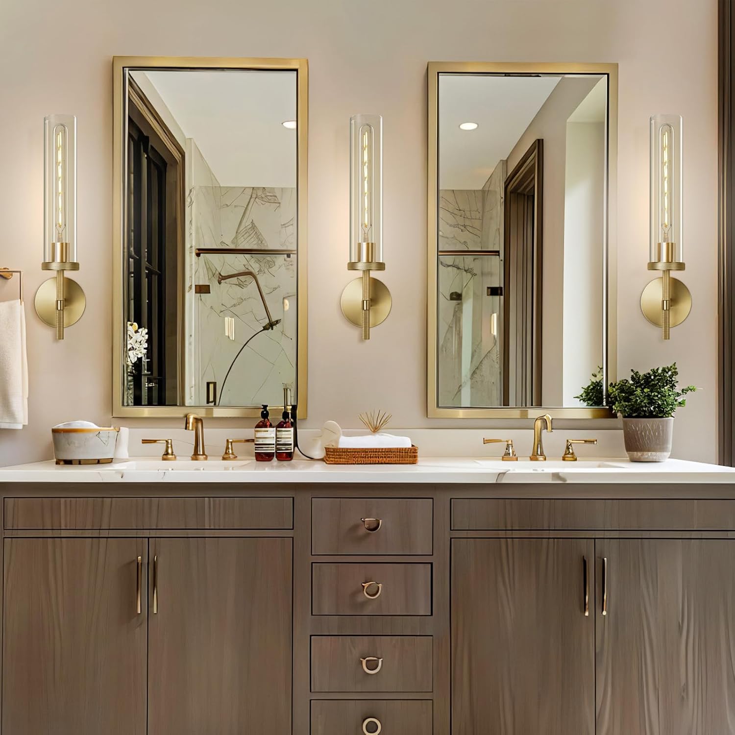 Antique Gold Wall Sconce 19.48" Modern Luxe Wall Lighting with Clear Glass Tube, Living Room Bedroom Bathroom Mirror Sconces, Staircase Decor Hallway Lamp Fixture(Including Bulb)
