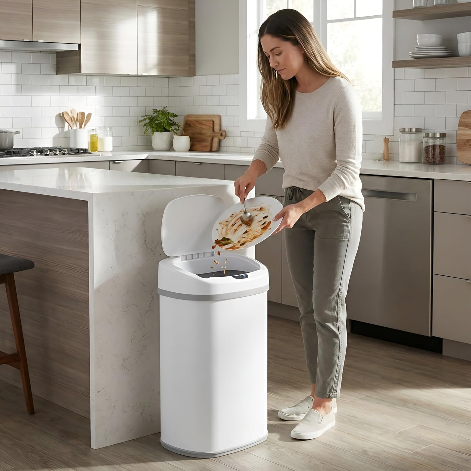 SensorCan 13 Gallon Automatic Sensor Trash Can with Lid, AC Adapter Included, AbsorbX Odor Control, Chalk White Stainless Steel Kitchen Garbage Bin, Fingerprint-Proof, Hands-Free Operation, Oval
