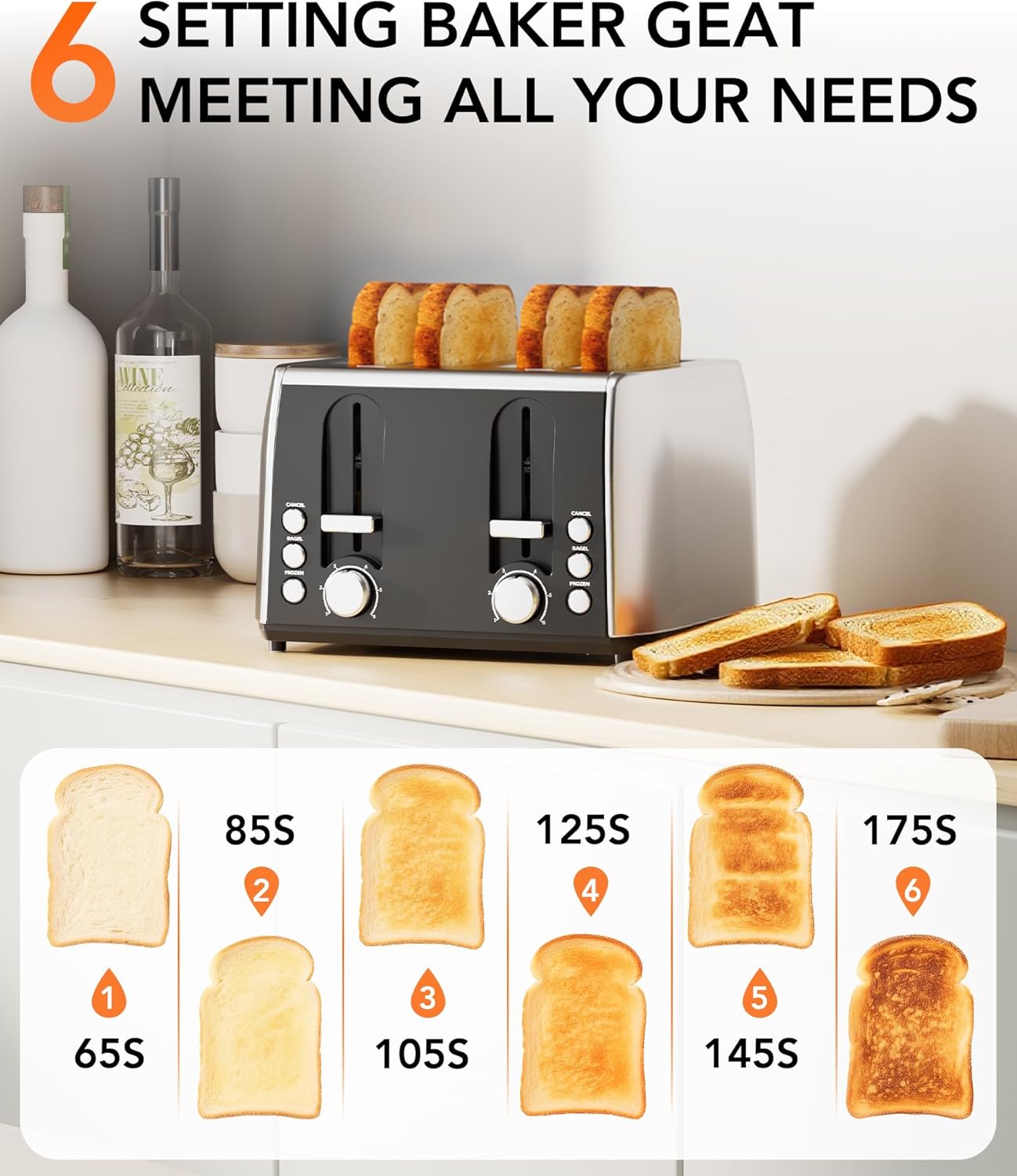Cowsar 4 Slice Toaster, Compact Toaster with Extra Wide Slots for Toasting Bread, Bagel, Cancel/Bagel/Defrost Function, Dual Independent Controls, 6 Shade Settings, Removable Trays, Brushed Stainless