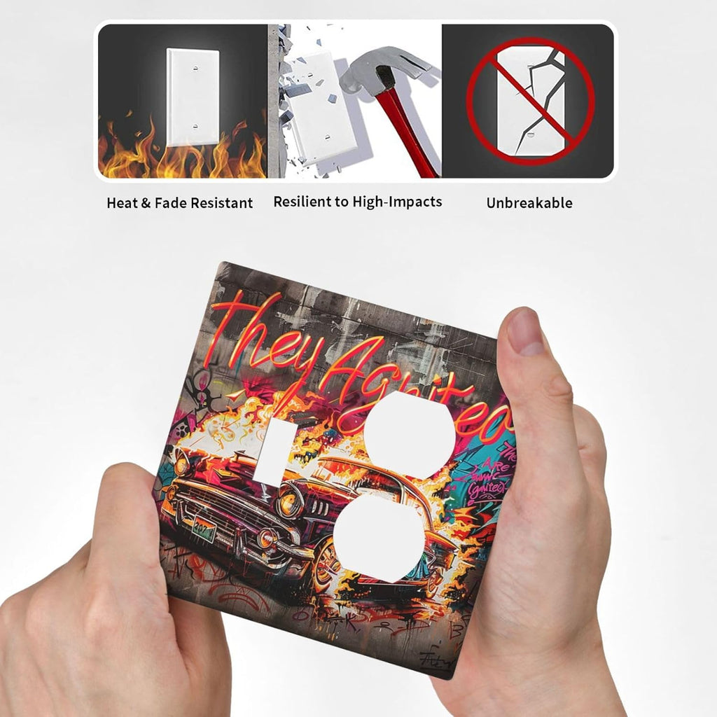 Wallplates Hip Hop Street Graffiti Flame Car 1 Toggle 1 Duplex Switch Plate Electrical GFCI Faceplate Decorative Light Switch Covers for Bedroom living Room Decor