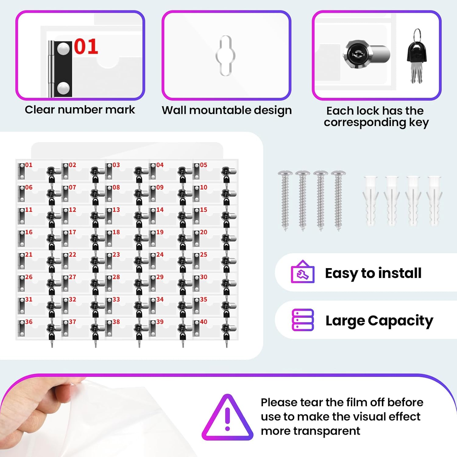 40 Slots Cell Phone Locker Box, Clear Phone Storage, Acrylic Cell Phone Lock Box with Door Locks and Keys, Wall Mounted Cell Phones Cabinet for Office School Classroom Factory