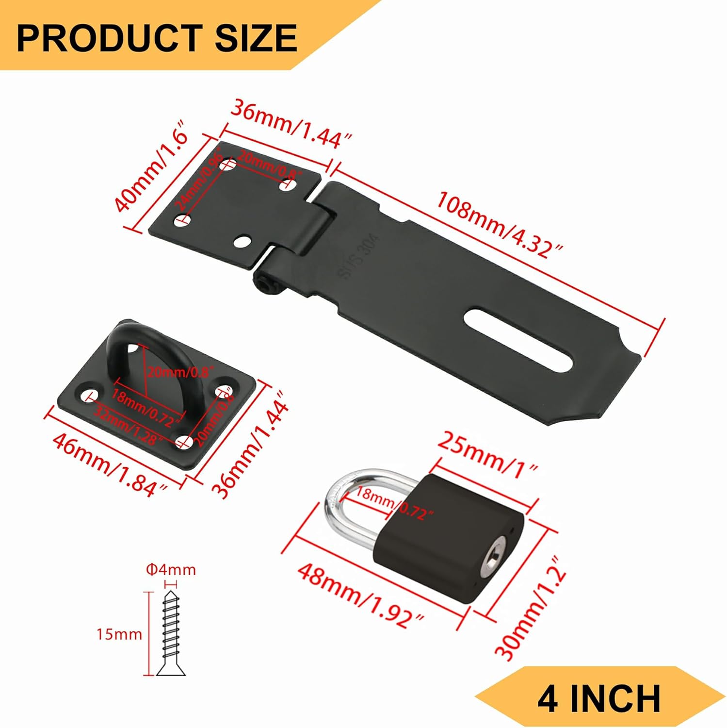 Alise Door Lock Hasp Latch with Padlock,4 Inch SUS 304 Stainless Steel Safety Packlock Clasp Hasp Lock Latch,with Fixing Screw for External Doors Window Cabinet Pet Cage, Black,MST009-B