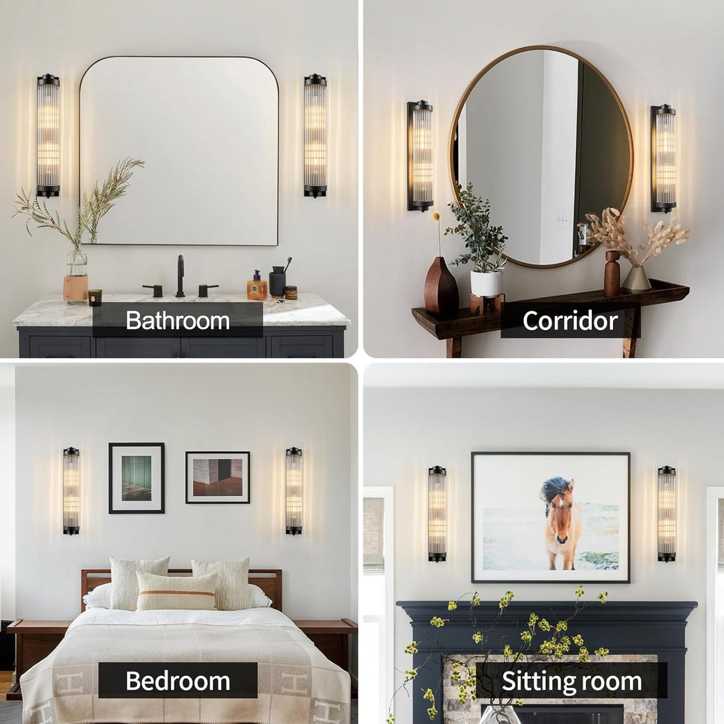 Black Wall Sconces with Crystal Glass Strip Bathroom Sconces 2 Light E12 Base Modern Wall Lights for Bedroom Living Room Hallway Wall Light Fixtures (1 Pack)