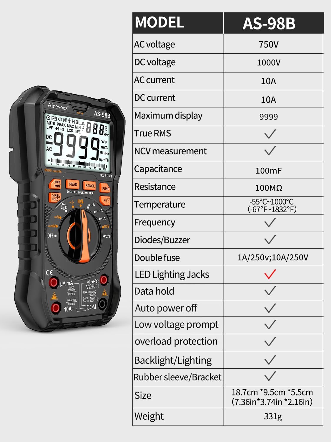 Multimeter Digital Multimeter, 9999 Counts DC AC Voltmeter and Ohm Volt Amp Tester, Auto-Ranging Fast Accurately Measures Voltage Current (DC/AC Current)