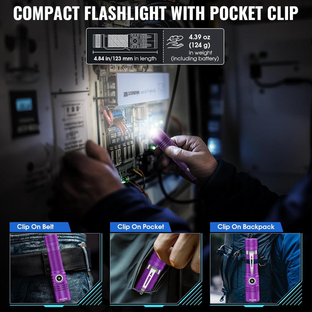 Rechargeable Tactical Flashlights, High Lumens Small Mini USB-C LED Flashlight, Compact EDC Flash Light, 4 Modes&Memory Function, Waterproof Pocket Lights for Home,Camping,Emergency (2, Purple)