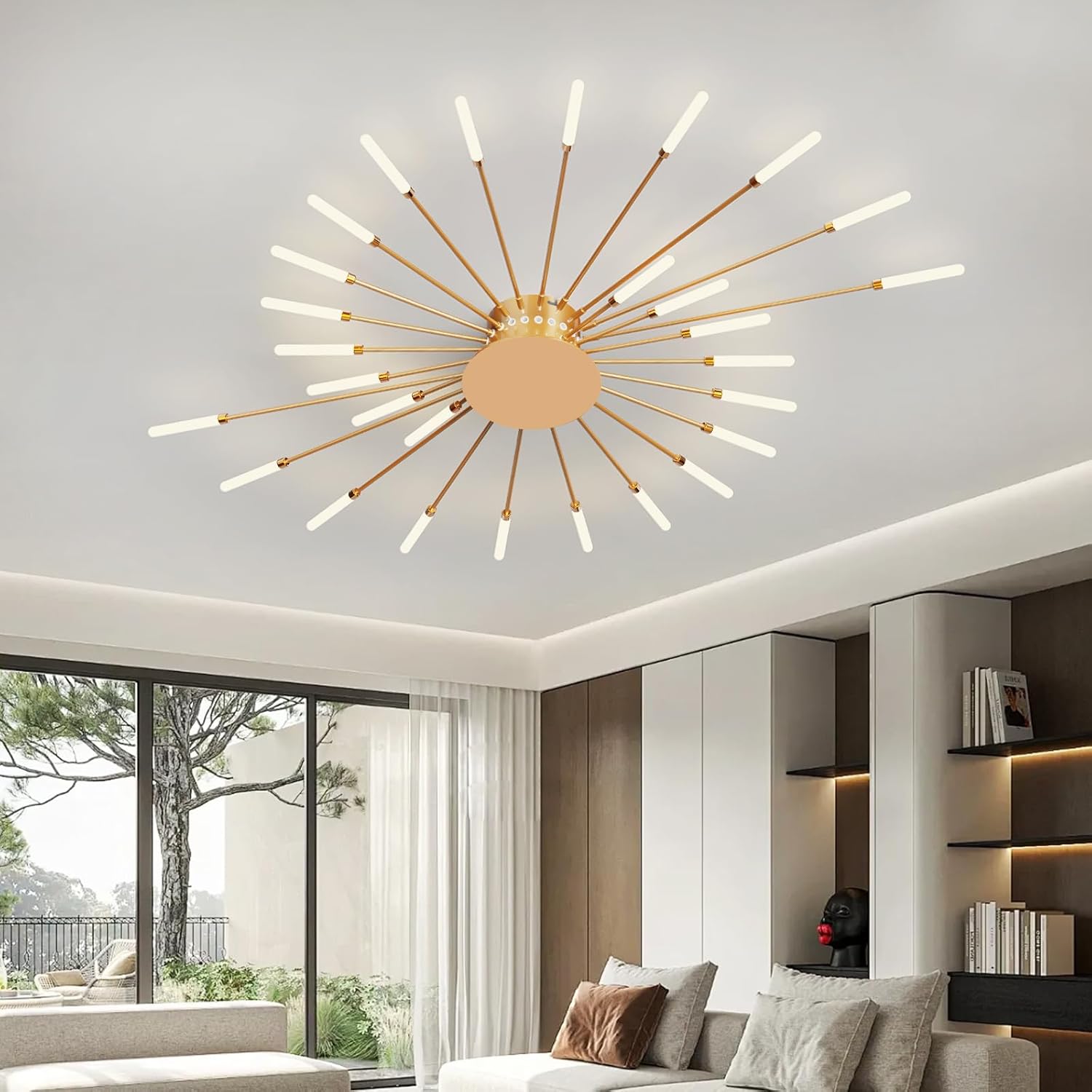 Modern Ceiling Light Flower Shape, Metal Firework Ceiling Lamp with Plug-in LED Source, Lighting Fixture for Living Room Dining Room Bedroom, Natural Light
