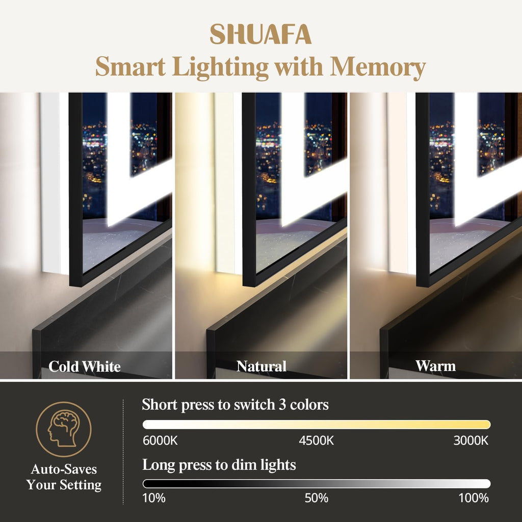 30X36 Inch LED Bathroom Mirror with Lights, Black Frame Frontlit+ Backlit Bathroom Vanity Mirror for Wall, Ultra-Clear Tempered Glass, Shatter-Proof, Anti-Fog and Memory Function, ETL Listed