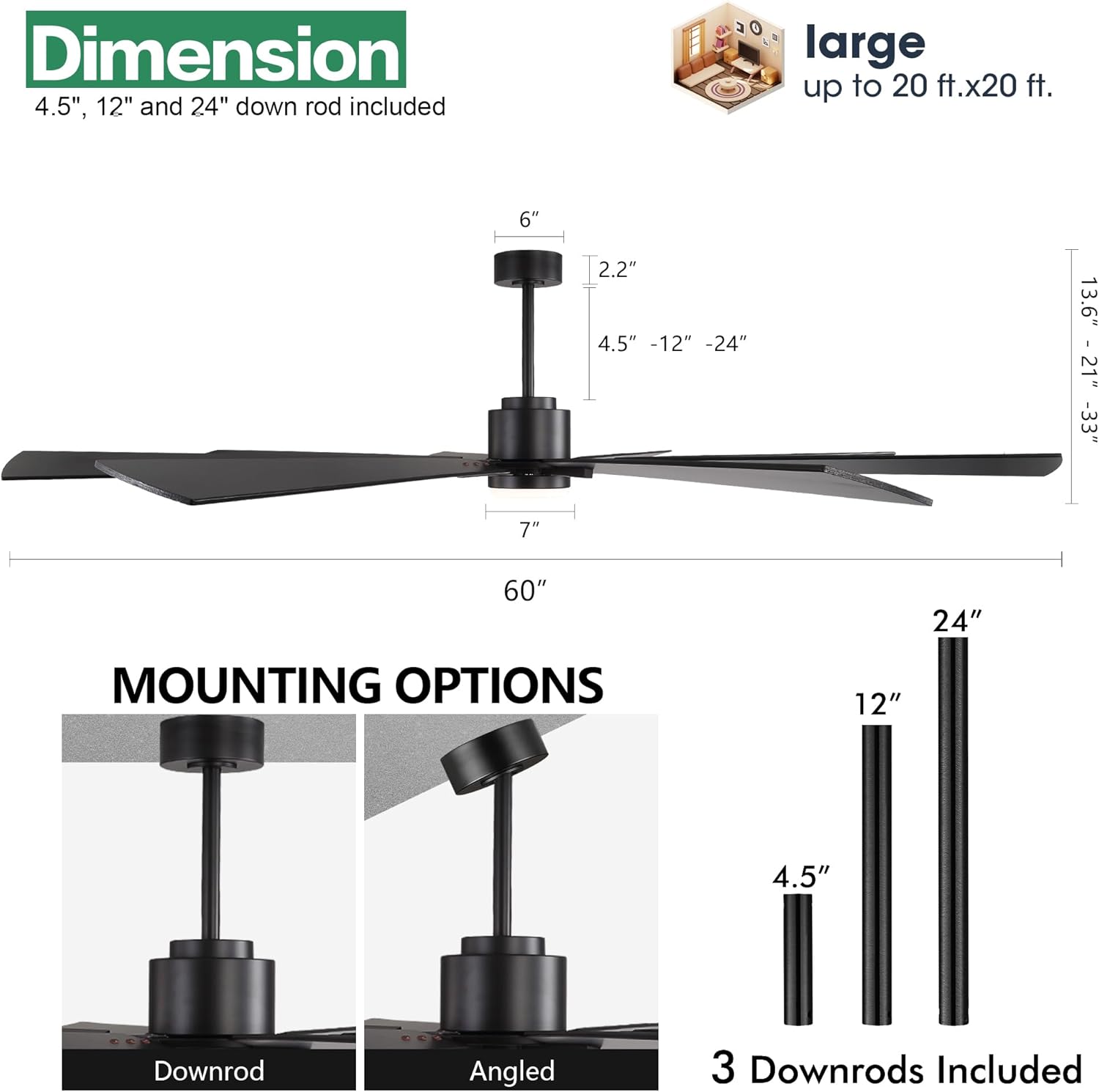 WINGBO 60" DC Ceiling Fan with Lights and 3 Downrods, Matte Black Ceiling Fan, 8 Plywood Blades, 6-Speed Reversible DC Motor, Large Ceiling Fans for Kitchen Bedroom Living Room