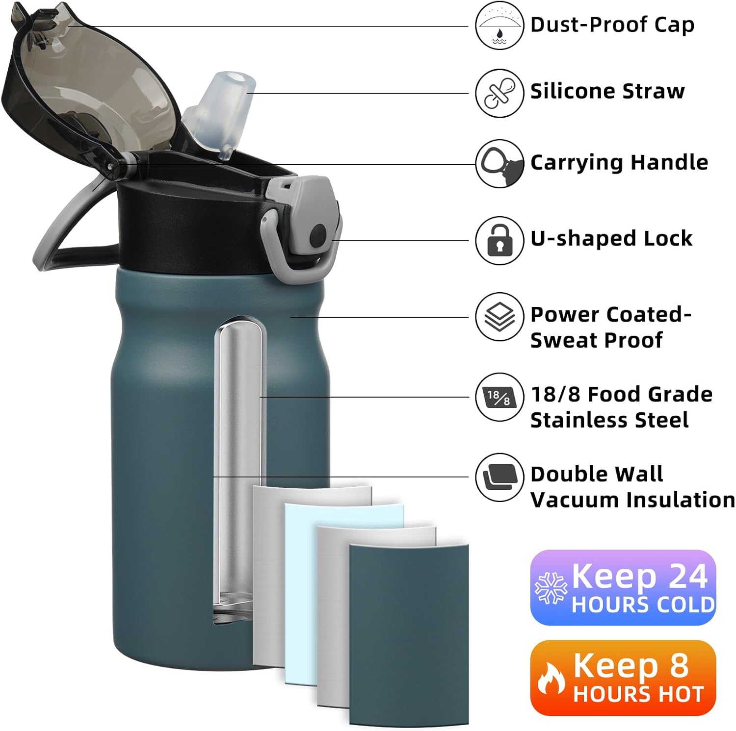 BJPKPK Insulated Water Bottle 14oz Stainless Steel Water Bottles with Straw and Carry Handle Double Wall Metal Thermal Flask,Dark Grey
