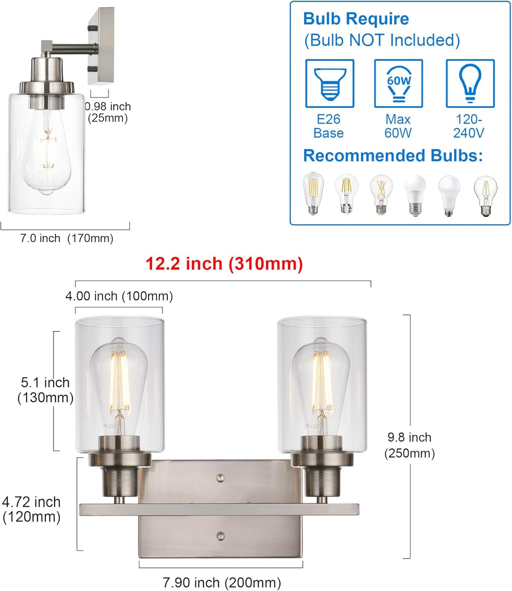 MELUCEE Metal Wall Lights with Clear Glass Shade 2 Heads Bathroom Light Fixtures Brushed Nickel Modern Vanity Lights Sconces for Hallway Bedroom Kitchen (Patent No.: US D963914 S)