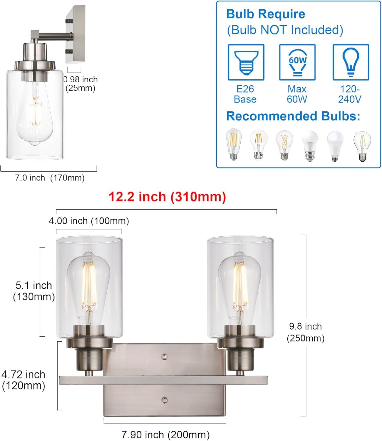 MELUCEE Metal Wall Lights with Clear Glass Shade 2 Heads Bathroom Light Fixtures Brushed Nickel Modern Vanity Lights Sconces for Hallway Bedroom Kitchen (Patent No.: US D963914 S)