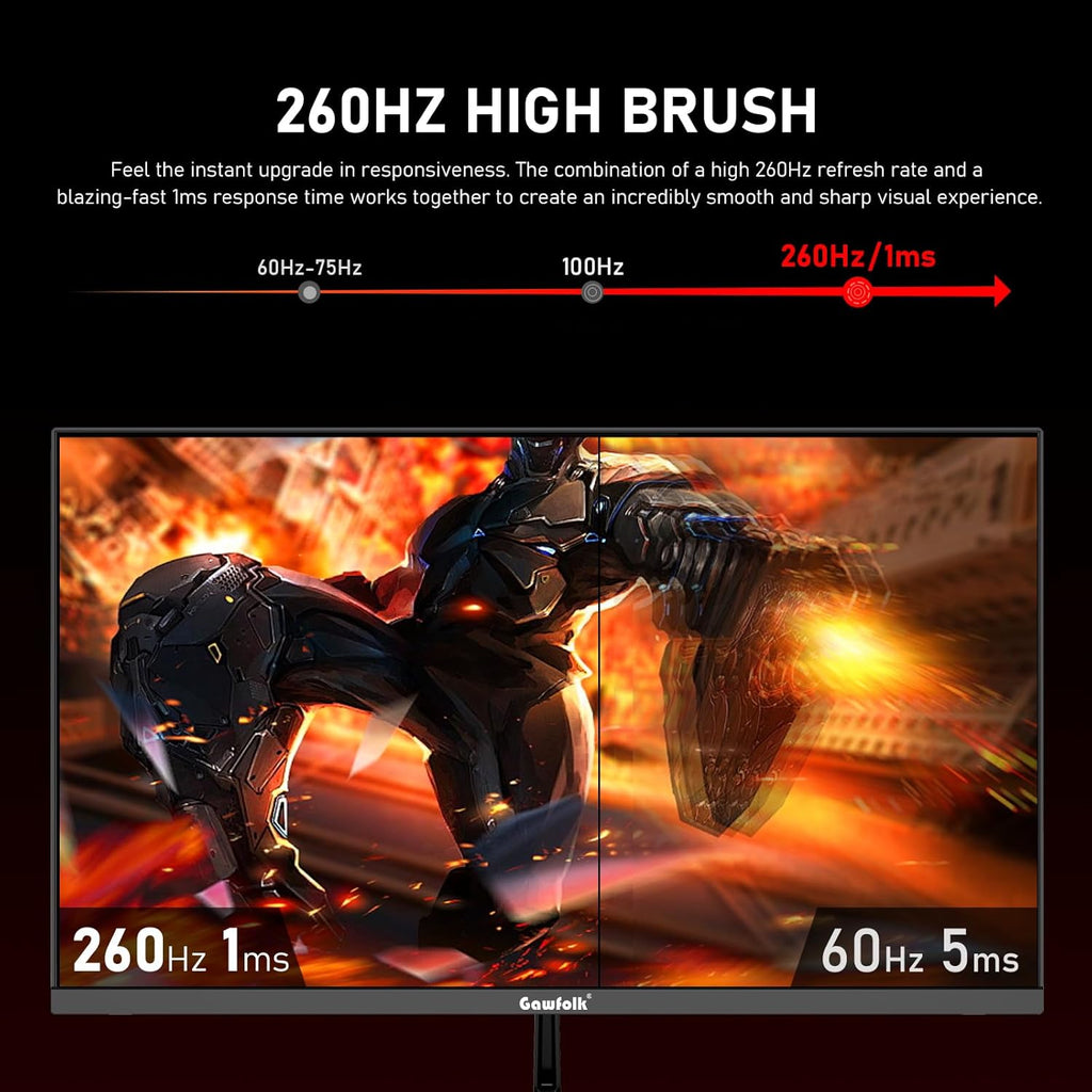 Gawfolk 27 Inch Gaming Monitor QHD (2560x1440), 260Hz, IPS Panel, 1ms Response Time, G-Sync & Freesync Compatible,Wall Mount Compatible 75 * 75mm,Black