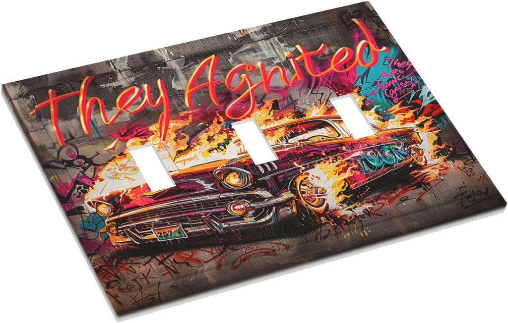 Decorative Switch Plates Hip Hop Street Graffiti Flame Car 3 Gang Wall Plate Triple Toggle Light Switch Cover Faceplate Electrical Wall Panels for Bedroom living Room Decor