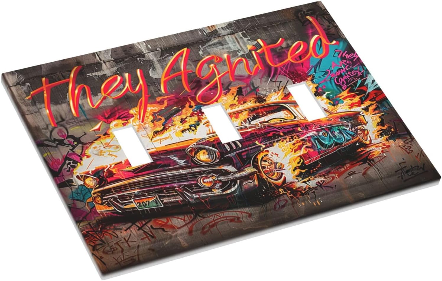 Decorative Switch Plates Hip Hop Street Graffiti Flame Car 3 Gang Wall Plate Triple Toggle Light Switch Cover Faceplate Electrical Wall Panels for Bedroom living Room Decor