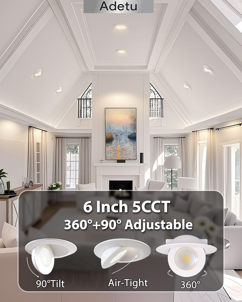 Adetu Recessed Lighting 6 inch, 360°+90° Adjustable Directional 6 inch Gimbal Led Recessed Light, 2700K-5000K 5CCT Dimmable Retrofit Eyeball Can Recessed Lights with Jbox, ET (White-12 Pack)