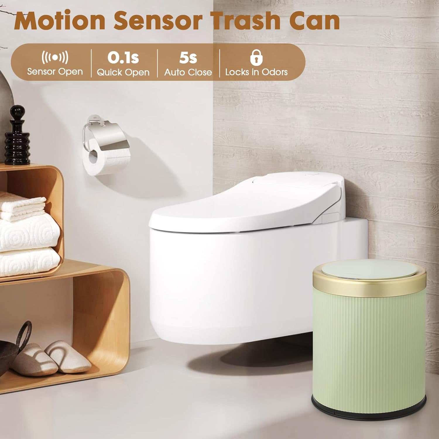 Motion Sensor Bathroom Trash Can Touchless, 3.7 Gallon Modern Automatic Garbage Can with Lid,Diaper Trash Bin,Plastic Smart Dog Proof Trash Bin Suitable for Toilet, Bedroom, Office, Kitchen -Green