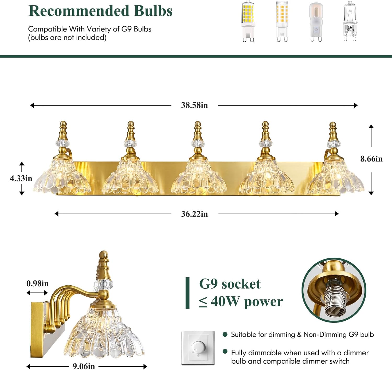 Vintage Bathroom Vanity Light, 5-Light Gold Vanity Lighting Fixture with Flower Glass Shade, Bathroom Lighting Fixtures Over Mirror