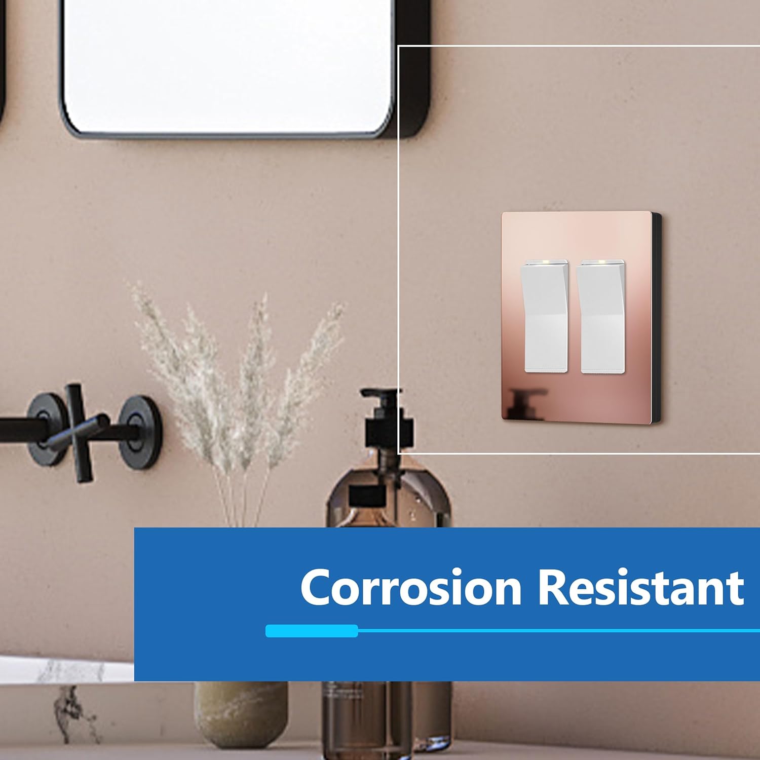LIDER Double Decorator Metal Wall Plate, Temperature and Impact Resistant, 201 Stainless Steel, Screwless Cover, Modern Upgrade, Mid-Size 2-Gang 4.88” x 4.92”, Polished Rose Gold, LSMWP-32M-PRG