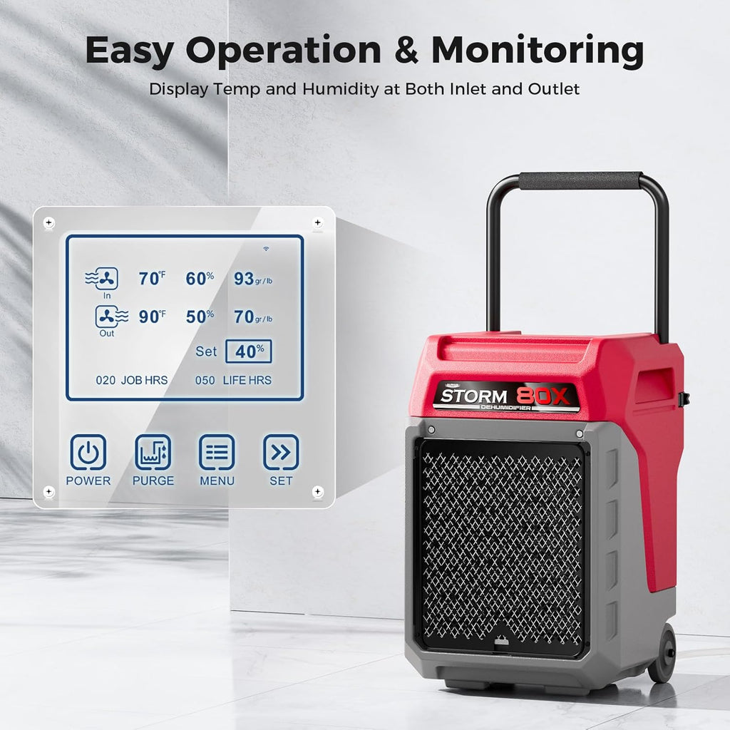 ALORAIR 170 PPD Commercial Dehumidifier with Pump, 2,100 Sq.Ft Space Cover Industrial Use Portable Dehu, with Wheels, Fit for Water Damage Restoration, Carpet Drying, Basement, Garage, Storm 80X Red