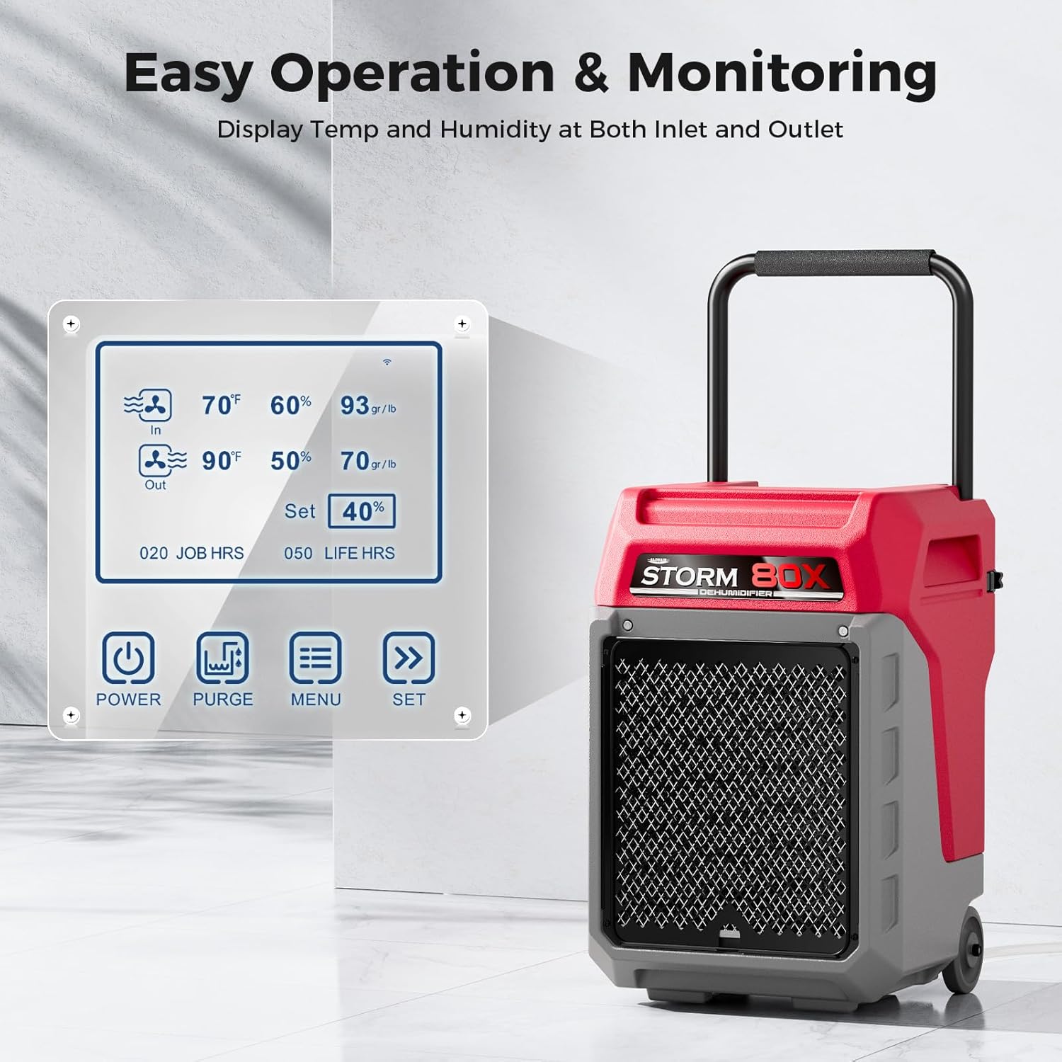 ALORAIR 170 PPD Commercial Dehumidifier with Pump, 2,100 Sq.Ft Space Cover Industrial Use Portable Dehu, with Wheels, Fit for Water Damage Restoration, Carpet Drying, Basement, Garage, Storm 80X Red