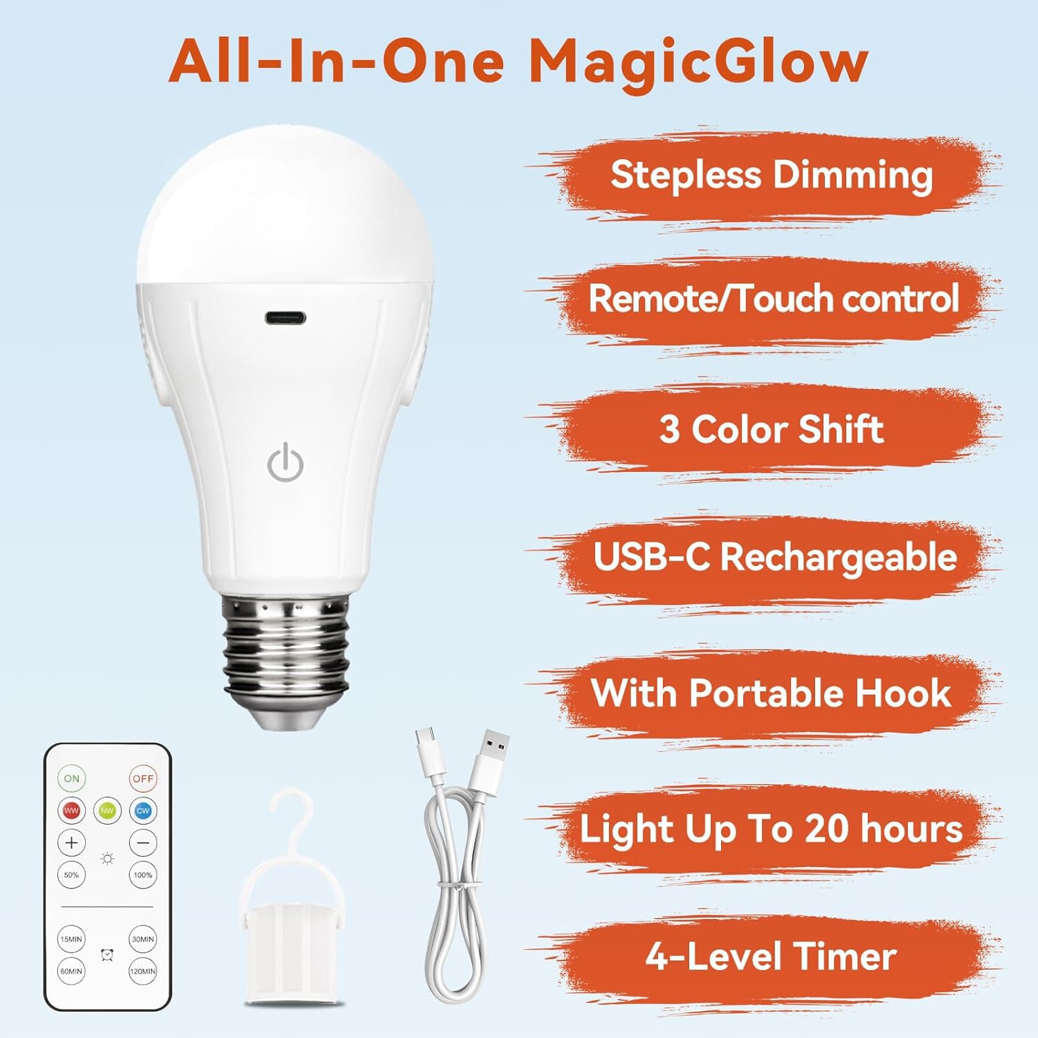 Neporal MagicGlow Rechargeable Light Bulbs with Remote, 3 Colors Shift + Stepless Dimmable Battery Light Bulbs, USB Rechargeable, A19, Up to 24 Hours (3000-6000K, 1, Count)
