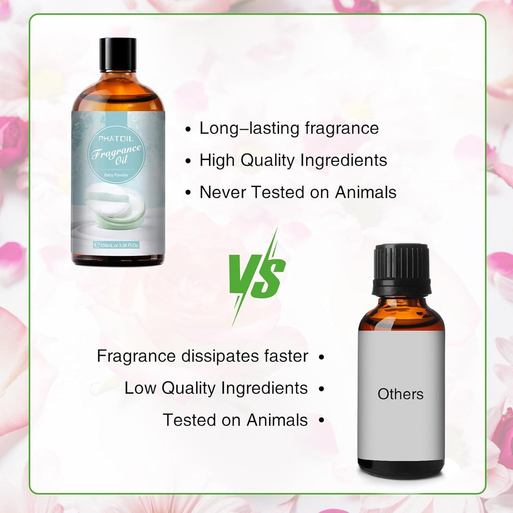 PHATOIL 3.38FL.OZ Baby Powder Fragrance Oils for Aromatherapy, Essential Oils for Diffusers for Home, Perfect for Diffuser, DIY Candle and Soap Making, DIY Scented Products - 100ml