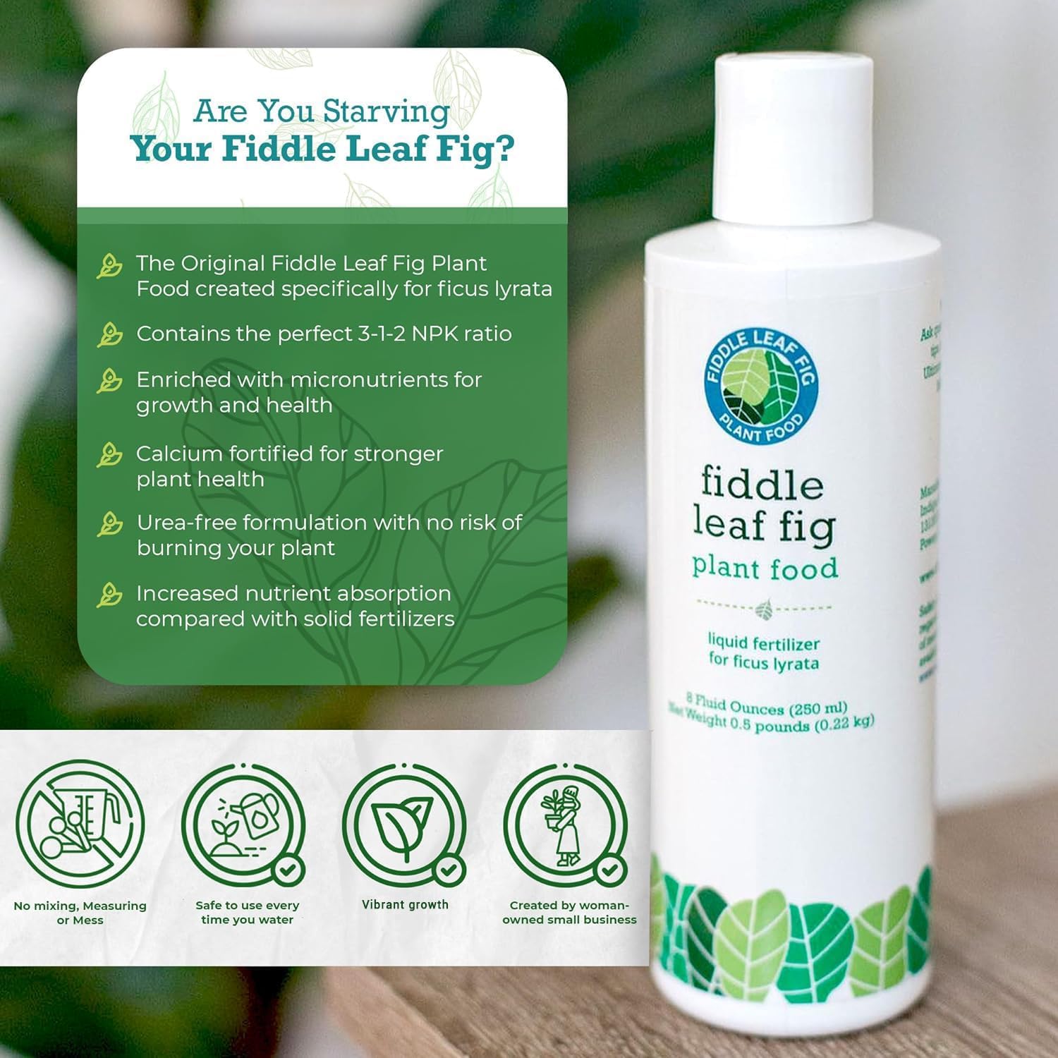 Fiddle Leaf Fig Plant Food – 3‑1‑2 Balanced NPK Liquid Fertilizer for Larger Leaves, Stronger Roots & Steady, Vibrant Growth | Suitable for All Ficus Including Ficus Lyrata | Made in USA | 8 oz