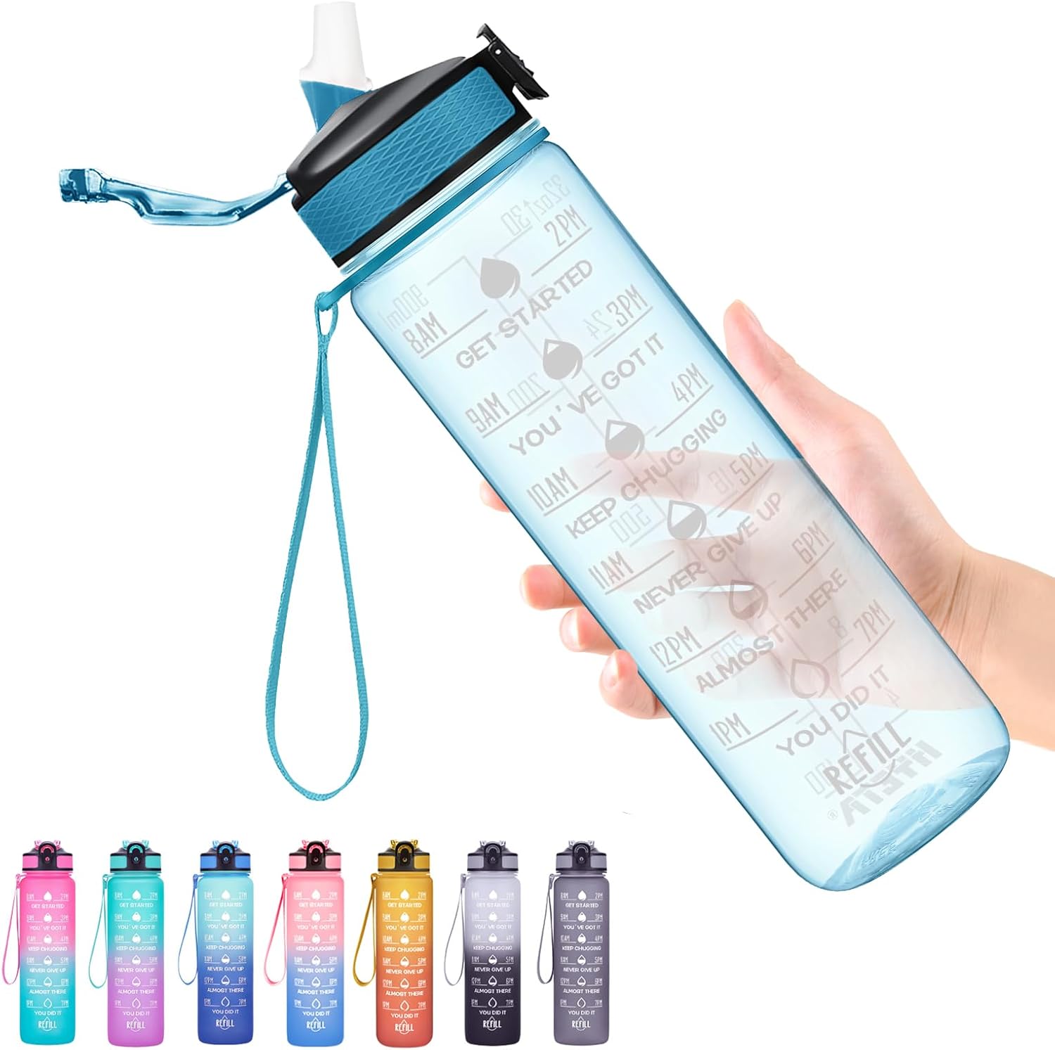 Hyeta 32 oz Water Bottles with Times to Drink and Straw, Motivational Water Bottle with Time Marker, Leakproof, Drinking Sports Water Bottle for Fitness, Gym and Outdoor