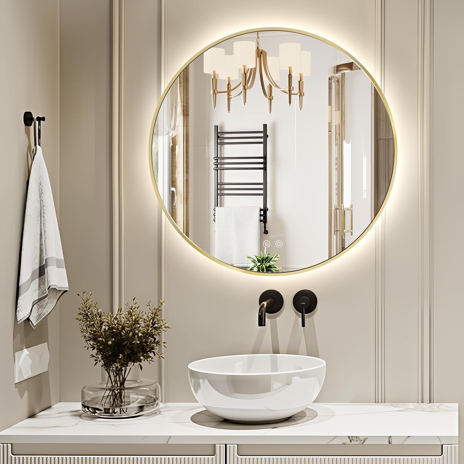 Niccy Round Led Mirror for Bathroom, 24" Backlit Mirrors for Wall Circle Lighted Mirror with Old Gold Frame Anti-Fog, 3 Colors, HD Glass and IP65 Waterproof