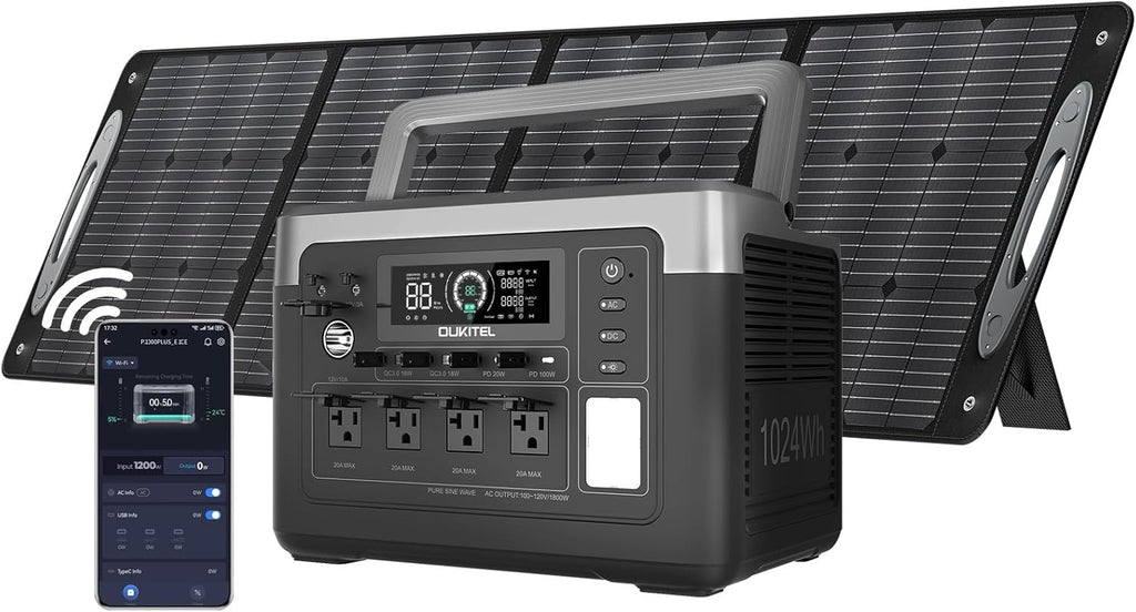 OUKITEL P1000 PLUS 1800W Solar Generator with 200W Panel, 1024Wh Power Station 1200W Fast Charging APP Control Emergency LiFePO4 Battery for Home Backup Camping RVs