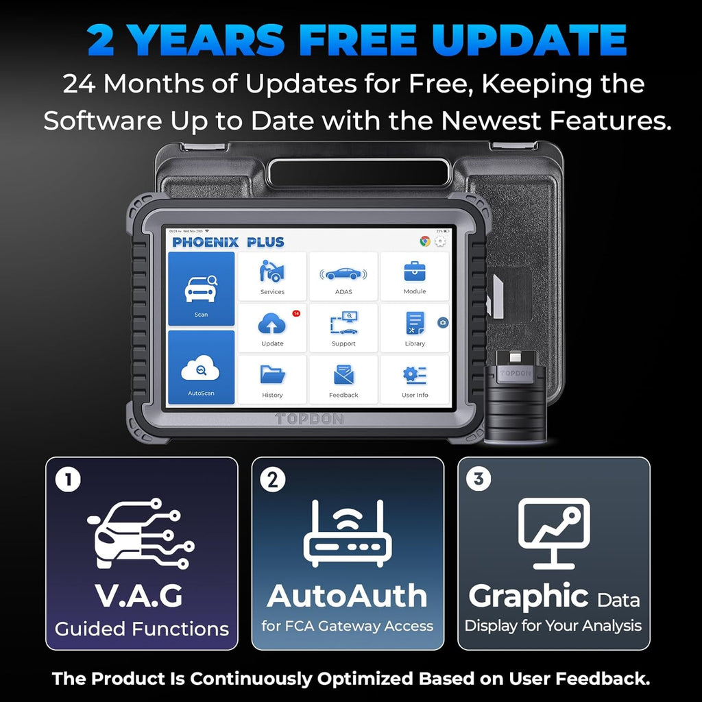 TOPDON Scanner Phoenix Plus, OE-Level ECU Code Scan Tool with Bidirectional Control, Topology Map, All System, 41+ Services, FCA SGW AutoAuth, V.A.G Guided, 2-Years Free Update, Module Configuration