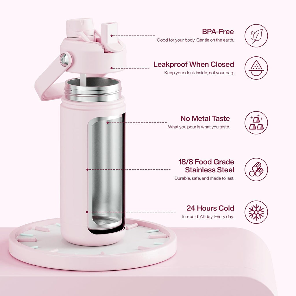 ENCOOL Insulated Water Bottle with Straw Stainless Steel Water Bottle, Leak-Proof, BPA-Free, Double Wall Vacuum Keeps Cold for 24 Hours for Sports, Travel, School (18 oz, Cotton Candy)