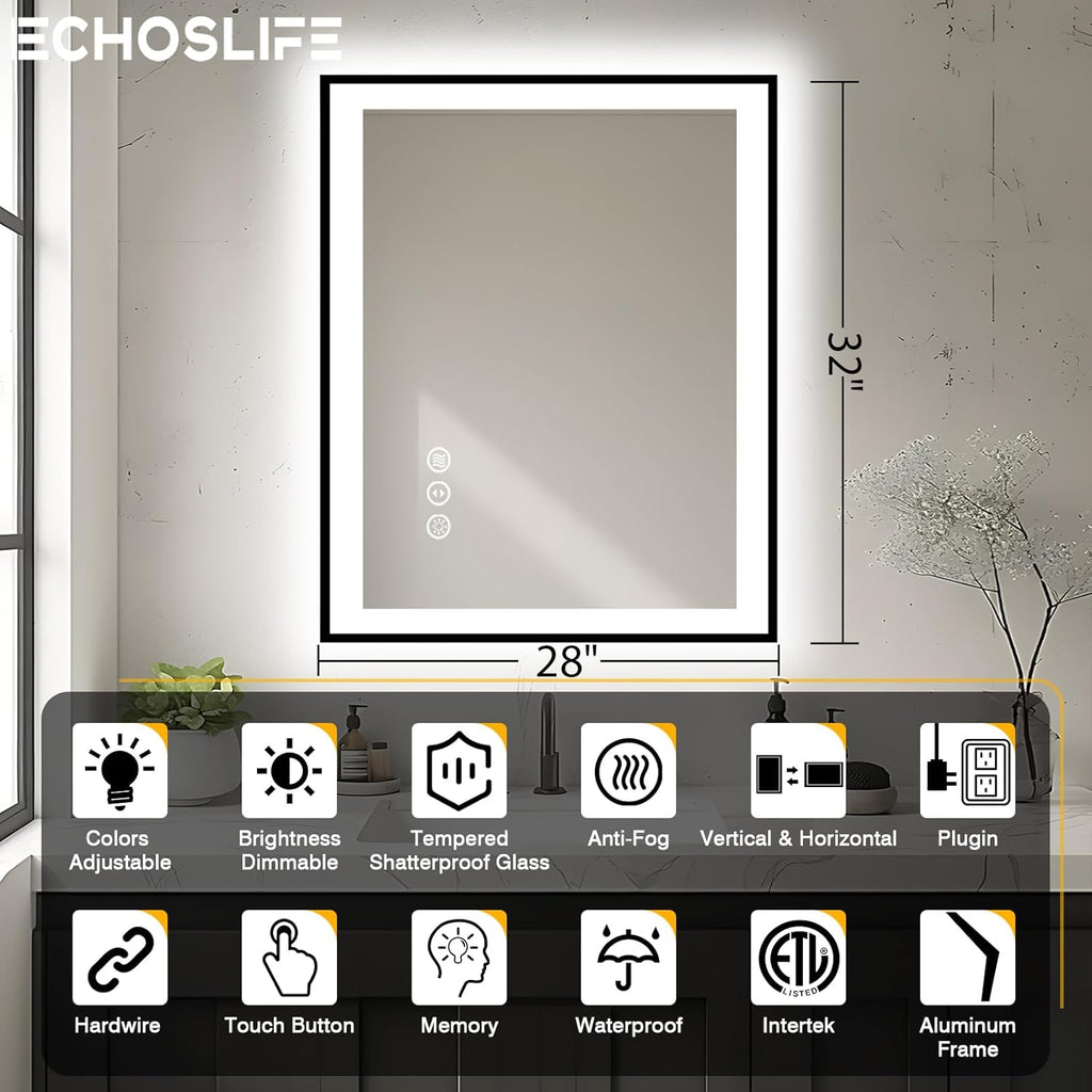 28x32 LED Bathroom Mirror - Black Aluminum Framed,Front and Backlit,Anti-Fog Framed Bathroom Vanity Mirror,3 Color Stepless Dimmable Lighted Smart Mirror(Horizontal/Vertical)