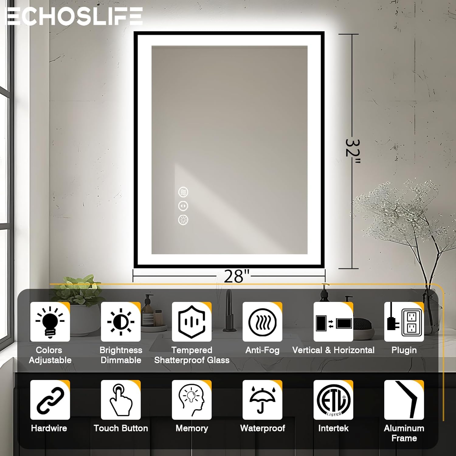 28x32 LED Bathroom Mirror - Black Aluminum Framed,Front and Backlit,Anti-Fog Framed Bathroom Vanity Mirror,3 Color Stepless Dimmable Lighted Smart Mirror(Horizontal/Vertical)