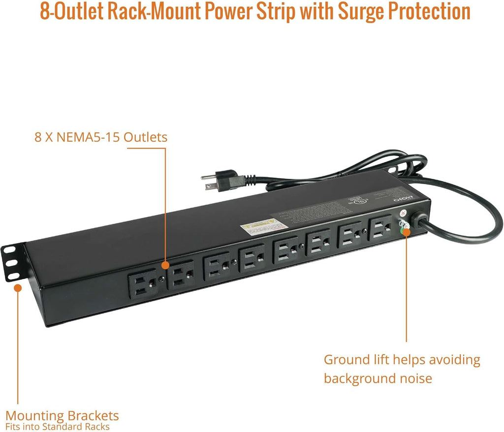 Tecmojo 1U Rack-Mount Horizontal 8-Outlet Power Strip UL Listed PDU with Surge Protection 6ft Cord Power Distribution for IT and Network Server Racks