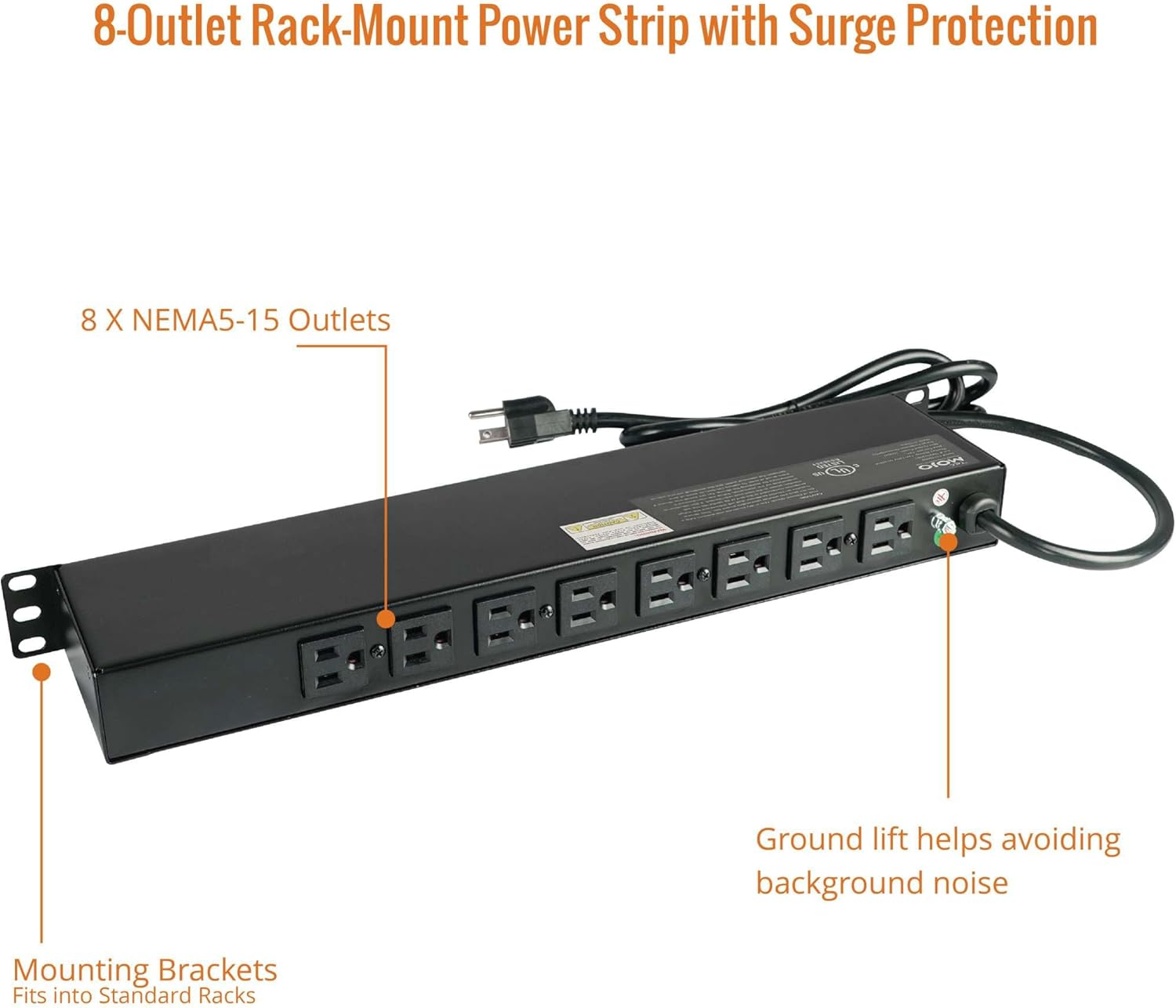 Tecmojo 1U Rack-Mount Horizontal 8-Outlet Power Strip UL Listed PDU with Surge Protection 6ft Cord Power Distribution for IT and Network Server Racks