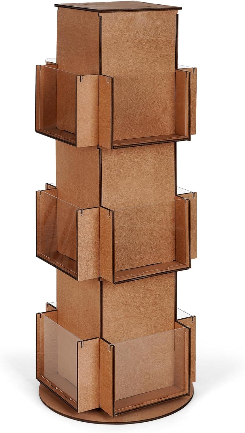 Natheeph Rotating Display Stand Greeting Card Display Wooden Display Rack with Two Card Sticker for Greeting Card Vendor Coffee Bag 3 Tier Tabletop Display Stand (Brown)