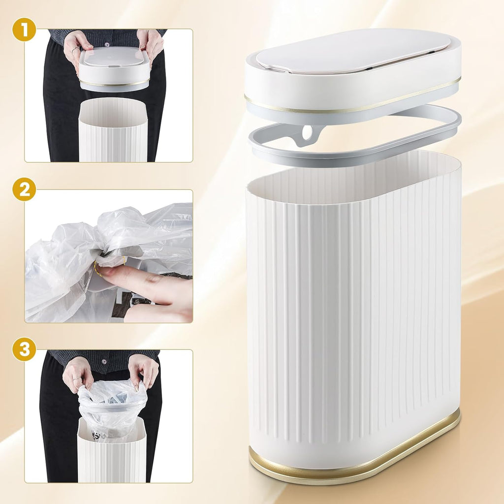 ELPHECO Bathroom Trash Can with Lid 2 Gallon Motion Sensor Garbage Can 7.5 Liter Small Trash can Touchless Bathroom Decor Waterproof Smart Waste Bin with Stripes for Bedroom, Office (White-Golden)