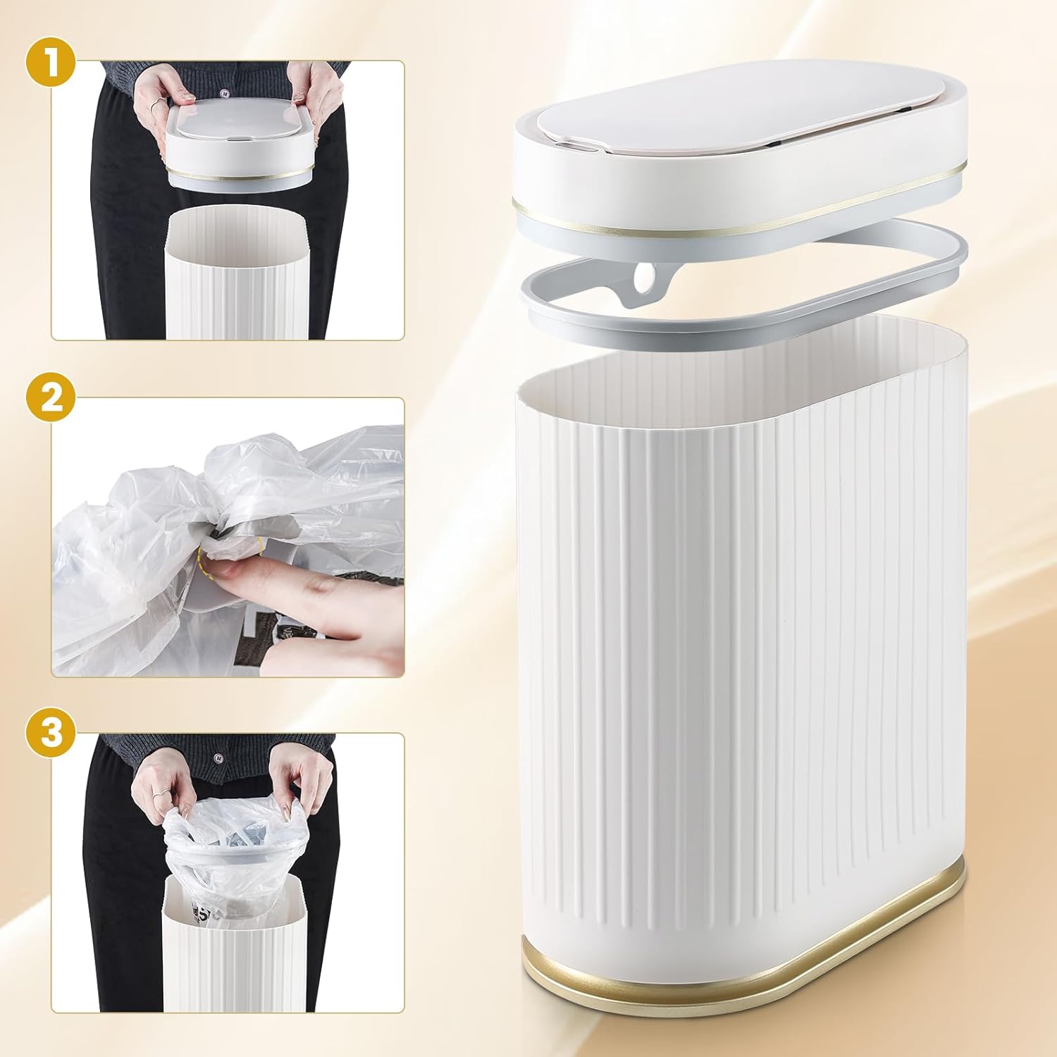ELPHECO Bathroom Trash Can with Lid 2 Gallon Motion Sensor Garbage Can 7.5 Liter Small Trash can Touchless Bathroom Decor Waterproof Smart Waste Bin with Stripes for Bedroom, Office (White-Golden)