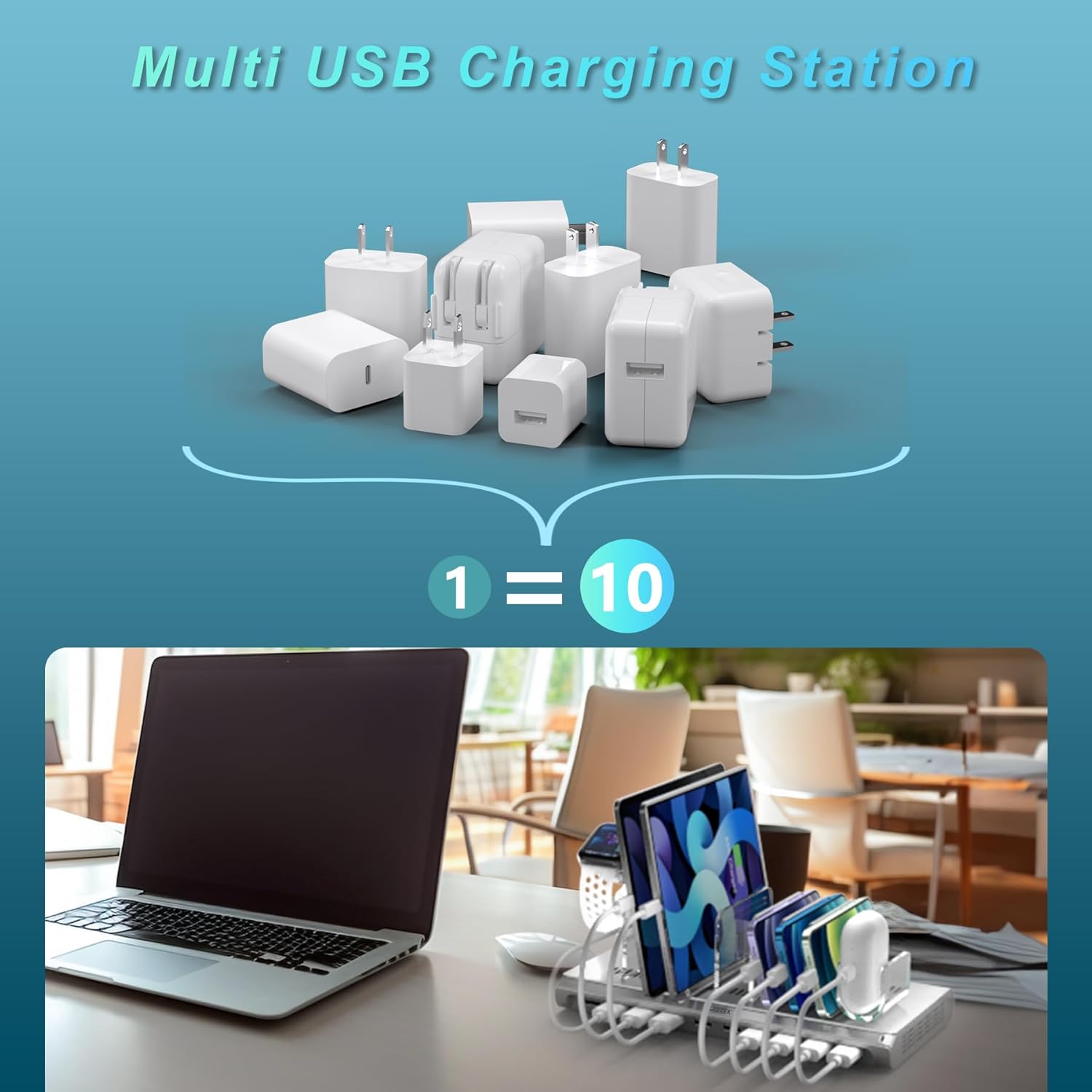 Unitek Multi iPad Charging Station - 10 Port USB Charging Station for Multiple Devices, Fast Charging Dock Cell Phone Organizer for iPhone, iPad, Android, Tablets - Silver