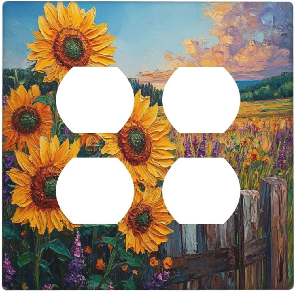 Decorative Outlet Covers Rustic Wilderness Sunflower Lavender Muzha Oil Painting 2 Gang Wall Plate Cover Double Duplex Receptacle Light Switch Cover Plate Faceplate