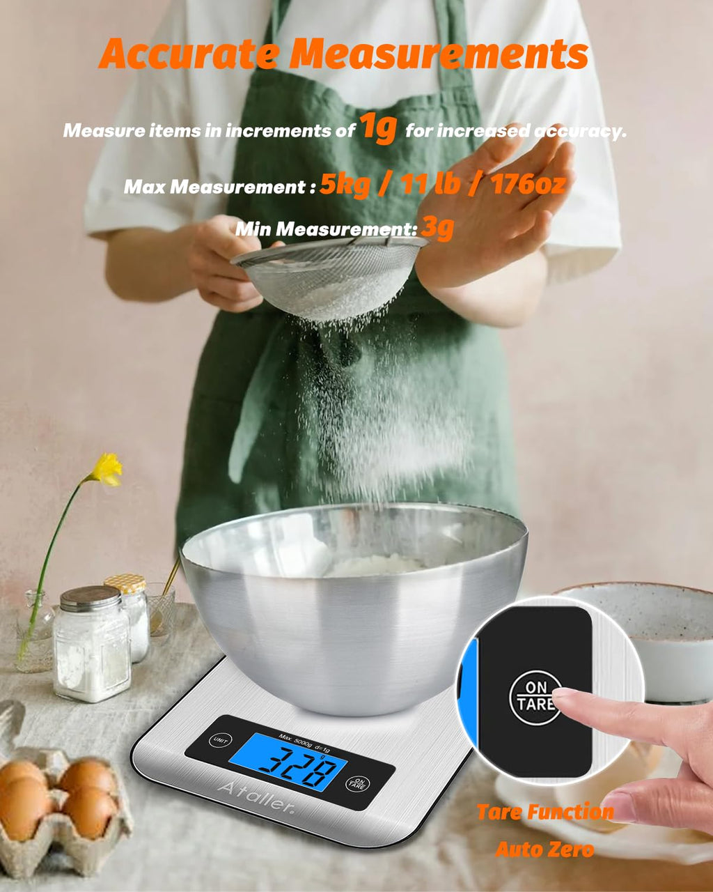 Ataller Smart Food Scales with Nutritional Calculator, Smartphone App with 26 Nutrients Tracking, Calorie, Marco, Digital Kitchen Weight Grams and Ounces for Weight Loss, 11 Pounds, Stainless Steel