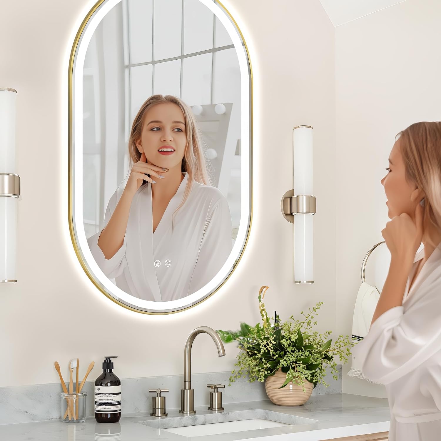 Niccy Oval LED Mirror for Bathroom, 40x24 Front Lit + Backlit Vanity Mirrors with Light Anti-Fog, Shatter-Proof, 3 Colors, Makeup Mirror with Old Gold Frame (Horizontal/Vertical)