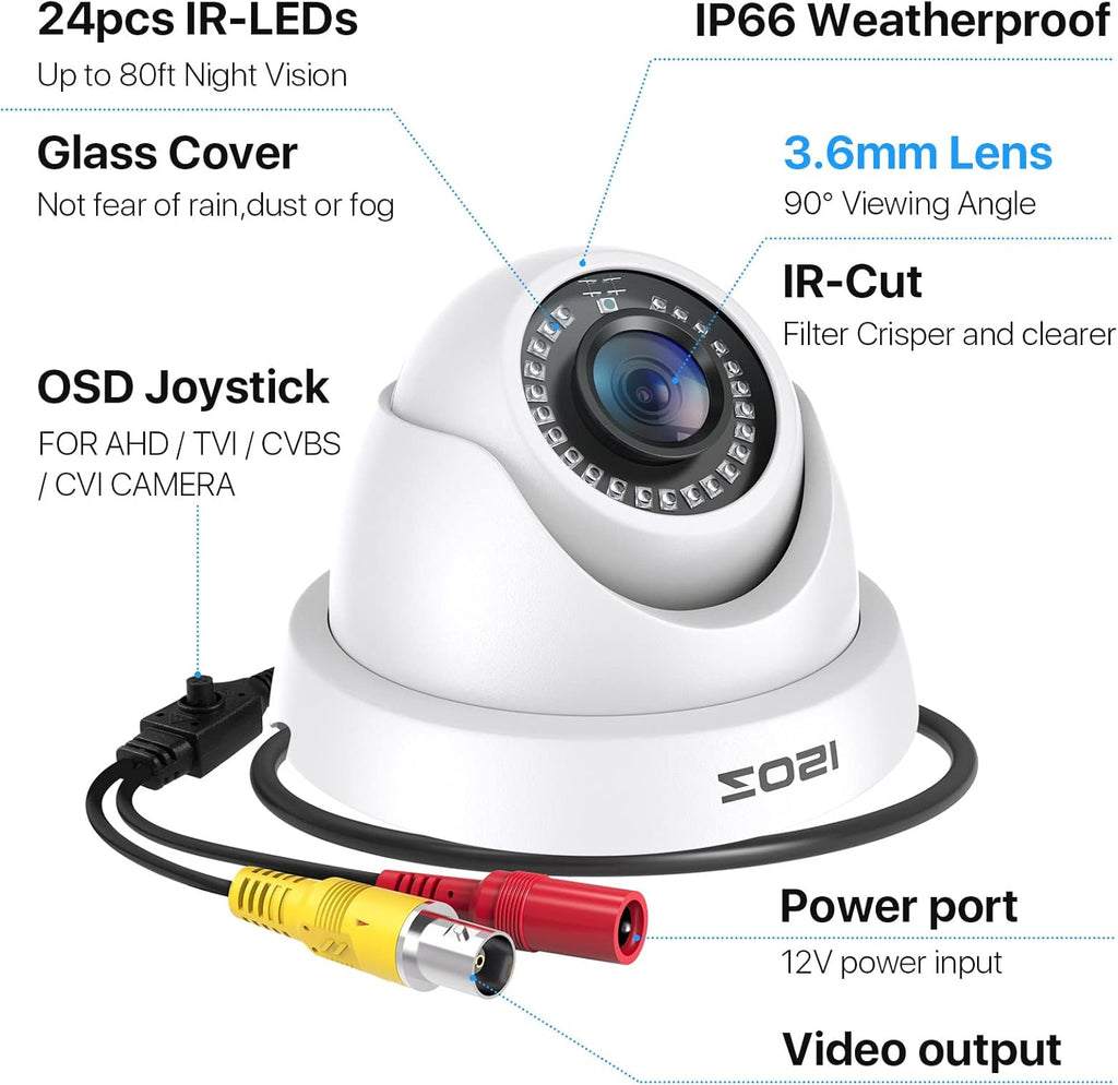 ZOSI 2MP HD Hybrid 4-in-1 Security Camera, 1080P 1920TVL Indoor Outdoor CCTV Dome Camera, 80ft Night Vision, IP66 Weatherproof, Compatible with HD-TVI, AHD, CVI and CVBS/960H Analog DVR Systems