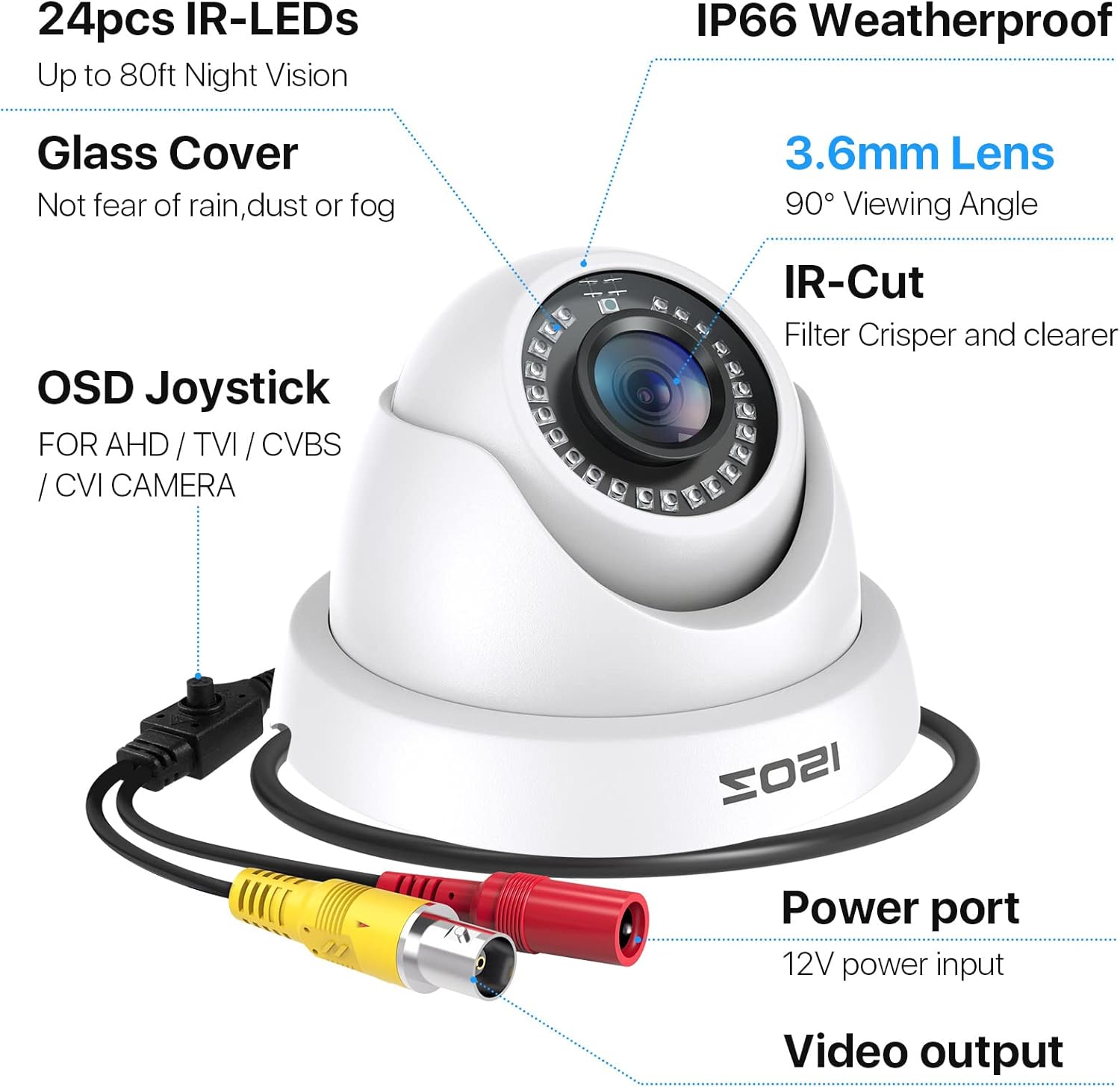 ZOSI 2MP HD Hybrid 4-in-1 Security Camera, 1080P 1920TVL Indoor Outdoor CCTV Dome Camera, 80ft Night Vision, IP66 Weatherproof, Compatible with HD-TVI, AHD, CVI and CVBS/960H Analog DVR Systems
